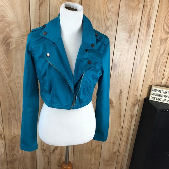 teal cropped jacket